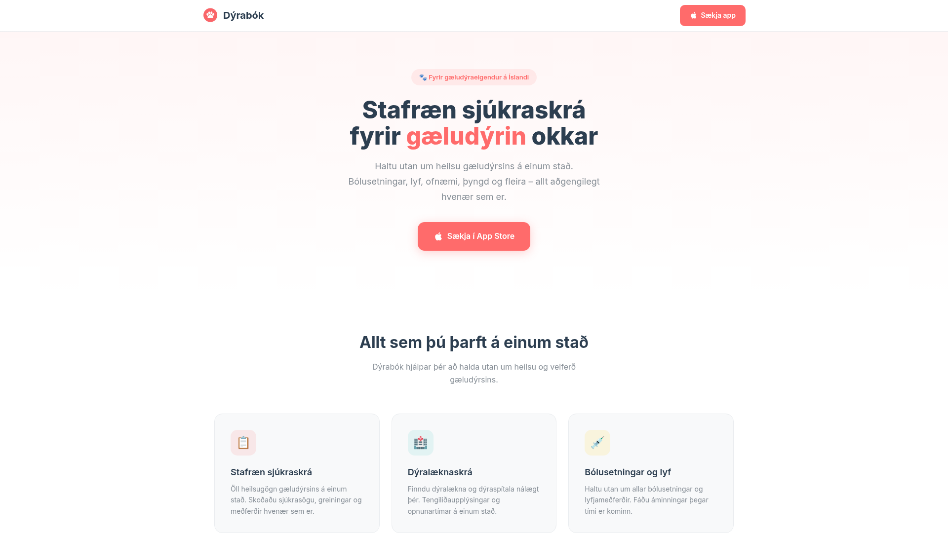 Dýrabók marketing hero with the headline "Stafræn sjúkraskrá fyrir gæludýrin okkar" on a soft warm background